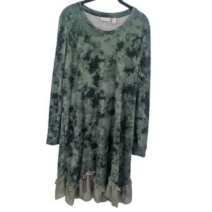 LOGO Lori Goldstein Tie Dye Dress Womens Large Green Midi Long Sleeve Ruffle